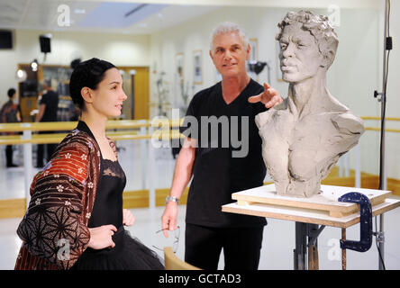 Undated photo of one of the world's foremost figurative sculptors, Richard MacDonald (right) with dancer Tamara Rojo at the Royal Ballet School, Covent Garden during one of a series of exploratory visits to sculpt contributory works for a memorial to the School's founder, Dame Ninette de Valois. Stock Photo