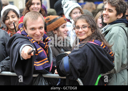 Fans queue for tonight's premiere of Harry Potter and the Deathly Hallows, in Leicester Square, London. Stock Photo