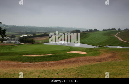 General view of the 18th green and fairway of the Twenty Ten Course at Celtic Manor, used for the 2010 Ryder Cup, at Celtic Manor Golf Course, Newport, Wales. Stock Photo