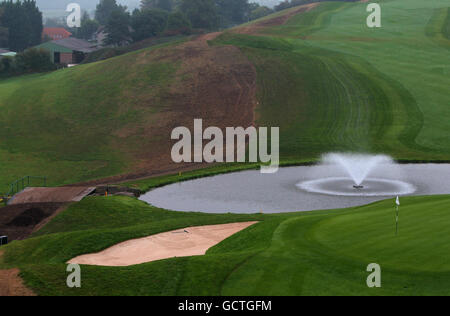 General view of the 18th green and fairway of the Twenty Ten Course at Celtic Manor, used for the 2010 Ryder Cup, at Celtic Manor Golf Course, Newport, Wales. Stock Photo