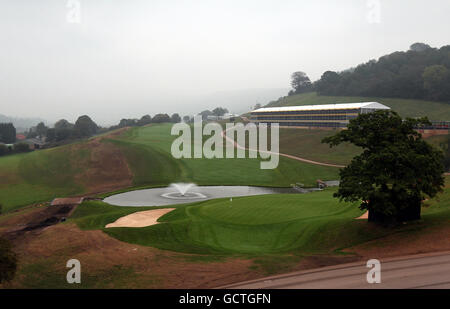 General view of the 18th green and fairway of the Twenty Ten Course at Celtic Manor, used for the 2010 Ryder Cup, at Celtic Manor Golf Course, Newport, Wales. Stock Photo