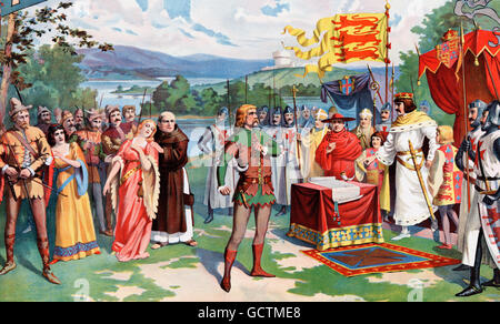 Robin Hood defying King John. An 1895 illustration by William Greer Harrison for a theatrical poster promoting Frederick Ward's production of Runnymede. Stock Photo