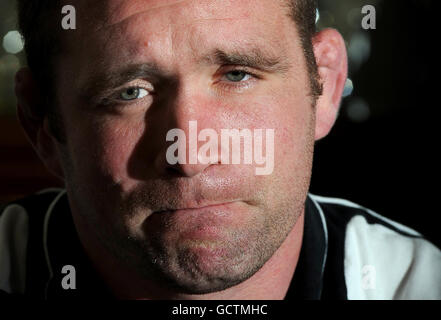Phil Vickery shows emotion as he speaks during a press conference at London Wasps Training Ground in Acton, London. Stock Photo