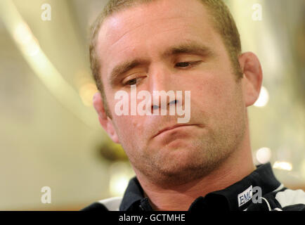 Phil Vickery shows emotion as he speaks during a press conference at London Wasps Training Ground in Acton, London. Stock Photo