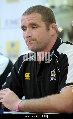 Phil Vickery shows emotion as he speaks during a press conference at London Wasps Training Ground in Acton, London. Stock Photo