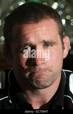 ALTERNATE CROP Phil Vickery shows emotion as he speaks during a press conference at London Wasps Training Ground in Acton, London. Stock Photo