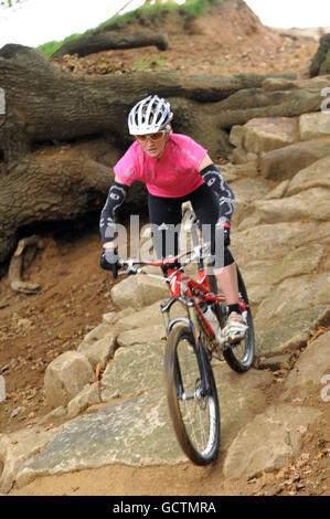 2012 mountain bike course preview. Maddy Horton, from Plymouth, tests the Hadleigh Farm 2012 Olympic Mountain Bike track, which is under construction in Benfleet, Essex. Stock Photo