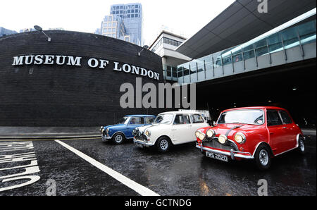 Three original 1960's mini coopers, used by Paramount Pictures to promote the 1969 film The Italian Job, which will go on show at the Museum Of London from today until November 14. Stock Photo