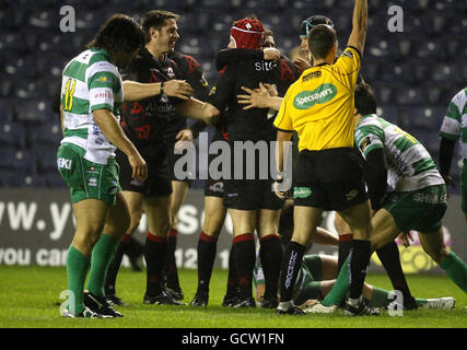 Rugby Union - Magners League - Edinburgh Rugby v Benetton Treviso - Murrayfield. Edinburgh's Kyle Traynor (red cap) celebrates his try with team mates during the Magners League match at Murrayfield, Edinburgh. Stock Photo