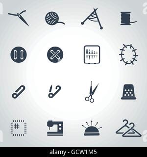 Black isolated tailor icon set with set tools for sewing on white ...