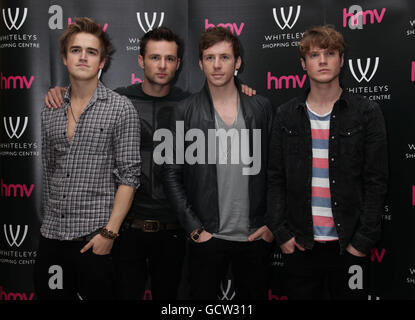 Boy band McFly (left to right) Tom Fletcher, Harry Judd, Danny Jones and Dougie Poynter during a signing session at HMV Bayswater, Whiteleys Shopping Centre, west London. Stock Photo