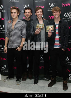 Boy band McFly (left to right) Tom Fletcher, Harry Judd, Danny Jones and Dougie Poynter during a signing session at HMV Bayswater, Whiteleys Shopping Centre, west London. Stock Photo