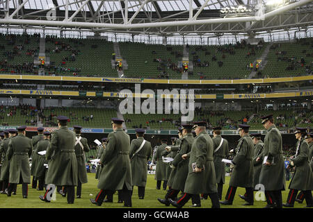 Rows of empty seats as the band takes the field before the Autumn International at the AVIVA Stadium, Dublin, Ireland. Stock Photo