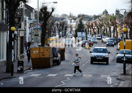 A general view of Cockermouth High Street in Cumbria, a year on after torrential rain caused rivers to burst their banks a flood the town. Stock Photo