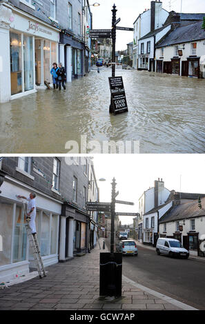 A composite of photos of (top) Cockermouth High Street in Cumbria, after torrential rain caused rivers to burst their banks; and (bottom) the same view of one year on. Stock Photo