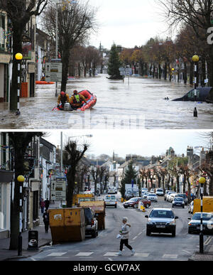 A composite of photos of (top) Cockermouth High Street in Cumbria, after torrential rain caused rivers to burst their banks; and (bottom) the same view of one year on. Stock Photo