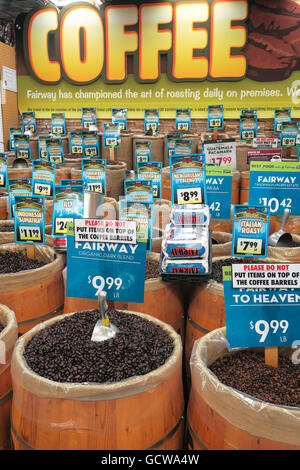 Bulk Coffee Bean Barrels, Fairway Super Market, New York City, USA Stock Photo