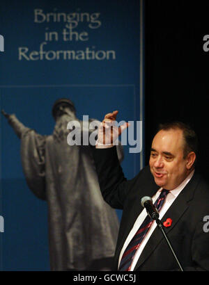 Scottish First Minister Alex Salmond makes the opening speech during a conference at the Storytelling Centre in Edinburgh, organised by the Church of Scotland and Catholic Church of Scotland to mark the 450th anniversary of the Reformation. Stock Photo