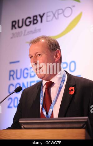 Rugby Union - Rugby Expo 2010 - Day 1 - RHS Lawrence Hall. Kevin Roberts of Sports Business International facilitates a talk during Day One of the Rugby Expo at the RHS Lawrence Hall, Westminster Stock Photo