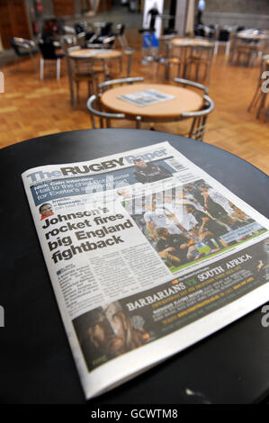 Rugby Union - Rugby Expo 2010 - Day 2 - RHS Lawrence Hall. A newspaper on the table at the Networking Cafe during Day Two of the Rugby Expo at the RHS Lawrence Hall, Westminster Stock Photo