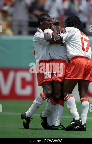 Bryan Roy [centre] Netherlands, celebrates scoring winning goal against Morocco Stock Photo