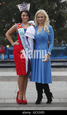 Amy Carrier (left), 20, from Liverpool, as she is officially unveiled as Miss Great Britain in Trafalgar Square, London with CEO of Miss Great Britain, Liz Fuller. Stock Photo