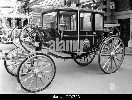 The Scottish State Coach on display in the Royal Mews, Buckingham Palace. The Prince of Wales and Lady Diana Spencer will ride back from St.Paul's to Buckingham Palace in it after their wedding if there is rain. Stock Photo