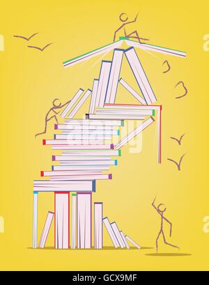 Abstract design with many books and stick figures moving around. Learning and education concept. Digital vector image. Stock Vector