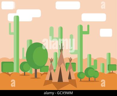 Abstract landscape design with green cactus trees, clouds and indian tents in the desert, flat style. Digital vector image. Stock Vector