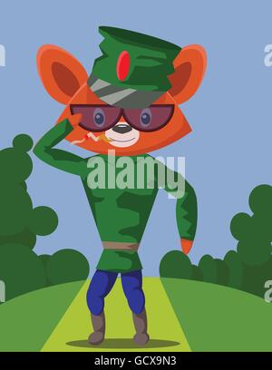 Fox character in military clothes, wearing glasses, smoking and giving honour and salute. Digital vector image Stock Vector