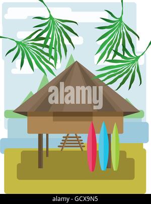 Abstract landscape design with palm trees and clouds, wooden tribal house with surf boards, flat style. Digital vector image. Stock Vector
