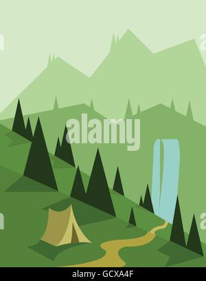 Abstract landscape design with green trees and a tent, a flowing river, view to mountains, flat style. Digital vector image. Stock Vector