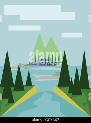 Abstract landscape design with green trees, clouds, a boat on a lake, view to island, flat style. Digital vector image. Stock Vector