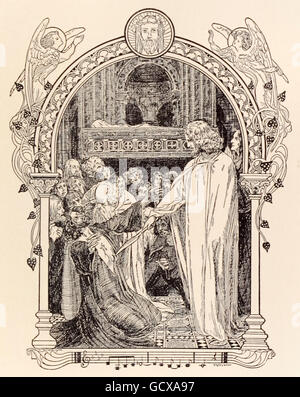 “Parsifal healing King Amfortas.” Franz Stassen (1869-1949) illustration for “Parsifal” by Richard Wagner (1813-1883). Act 3, in the castle of the Grail, Amfortas is brought before the Grail shrine and healed. See description for more information. Stock Photo