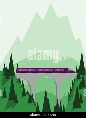Abstract landscape design with green mountains and hills, a fast purple train on a bridge, flat style. Digital vector image. Stock Vector