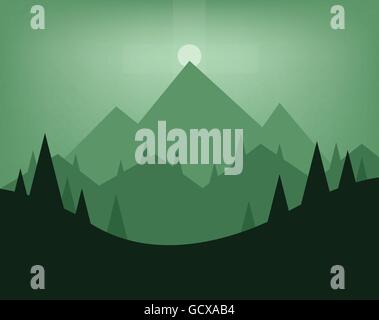 Abstract landscape design with green trees, hills, fog and the moon at night, flat style. Digital vector image. Stock Vector