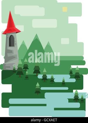 Abstract landscape design with green trees and clouds, a castle in the mountains and a lake, flat style. Digital vector image. Stock Vector