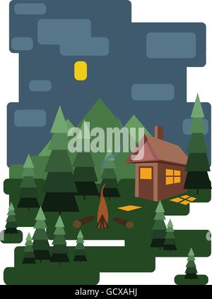 Abstract landscape design with green trees and clouds, a house in the forest and fire place at night, flat style. Digital vector Stock Vector