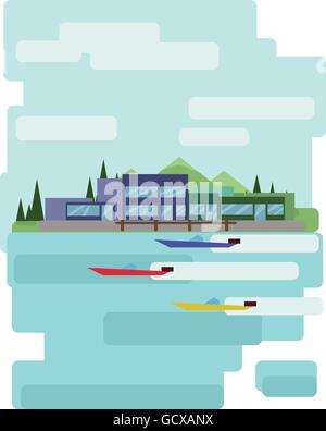 Abstract landscape design with green trees and clouds, buildings and boats on a lake, flat style. Digital vector image. Stock Vector