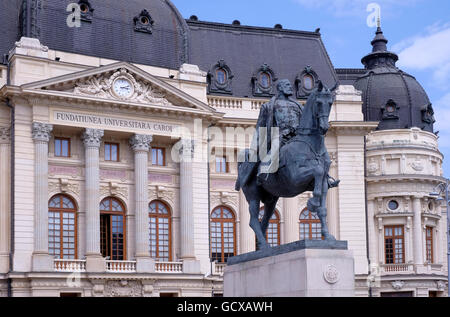 The enormous horseback statue of Carol I the first king of modern Romania by Florin Codre situated in front of the Central University Library of Bucharest located in Victory Avenue Calea Victoriei a major avenue in central Bucharest. Romania Stock Photo
