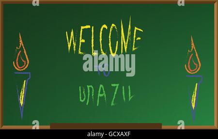 Welcome to brazil, colored hand drawn text witch chalk on green board, torch icons . Digital vector image Stock Vector