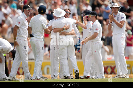 England's Graeme Swann celebrates dismissing Australia's Marcus North during the second Ashes Test at the Adelaide Oval in Adelaide, Australia. Stock Photo