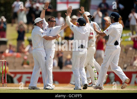 England's Graeme Swann celebrates dismissing Australia's Xavier Doherty during the second Ashes Test at the Adelaide Oval in Adelaide, Australia. Stock Photo