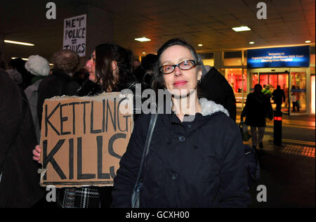 Susan Meadows the mother of Alfie Meadows, speaks to the media outside Charing Cross Hospital in London. Stock Photo