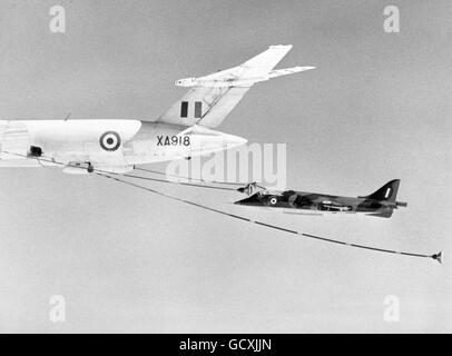 A Hawker Siddeley Harrier makes contact for the first time with a Royal Air Force Victor inflight re-fuelling tanker aircraft over England. This marks another stage forward in the development programme for the Harrier. Stock Photo