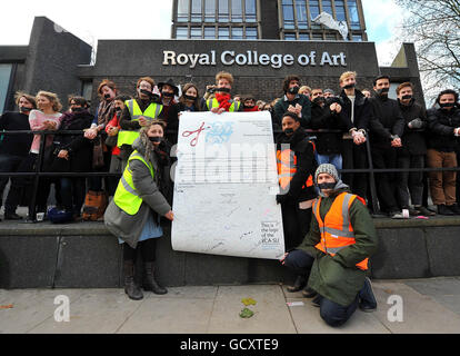 Students from the Royal College of Art in London, gather outside their campus, before marching with a letter to Nick Clegg protesting against a rise in fees. Stock Photo