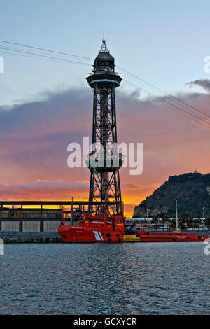 Cable car tower passing over Port Vell from Barcelona to Montjuic, Spain, Europe