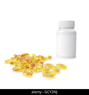 Pile of fish oil capsules out  a bottle being near the . 3d illustration Stock Photo