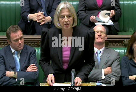 Home Secretary Theresa May, makes a statement in the House of Commons on the recent policing of the student protests in central London. Stock Photo