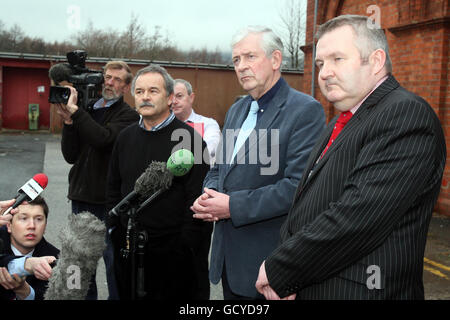 Trevor Haslett, Director of Engineering, Padraic White (middle) Interim Chairman and Laurence MacKenzie, Chief Executive Officer (right) all from Northern Ireland Water speak to the media in Belfast as tens of thousands of homes and businesses are still without supplies as engineers struggle to plug burst pipes. Some families have not had fresh running water for eight days. Stock Photo